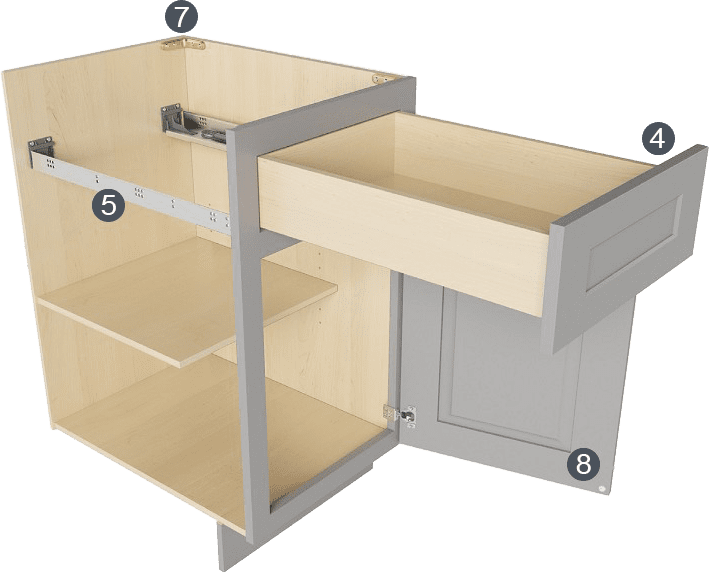 Base cabinet with a drawer and a door, with numbered construction features 4, 5, 7 and 8