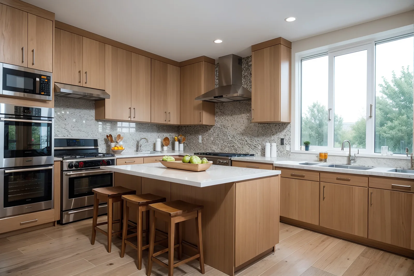 A kitchen with light wood-look cabinets and an island