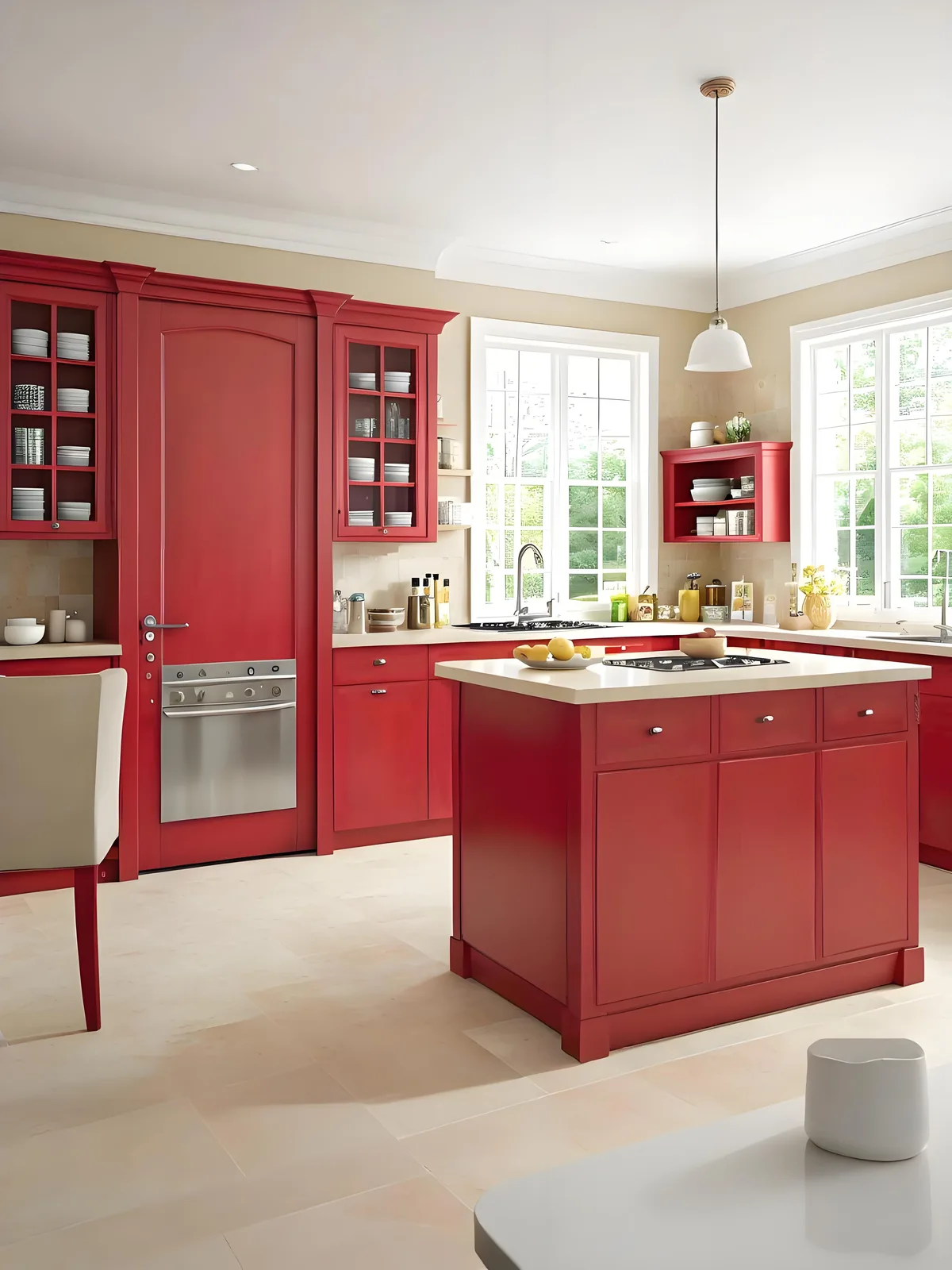 A kitchen with red painted cabinets and an island