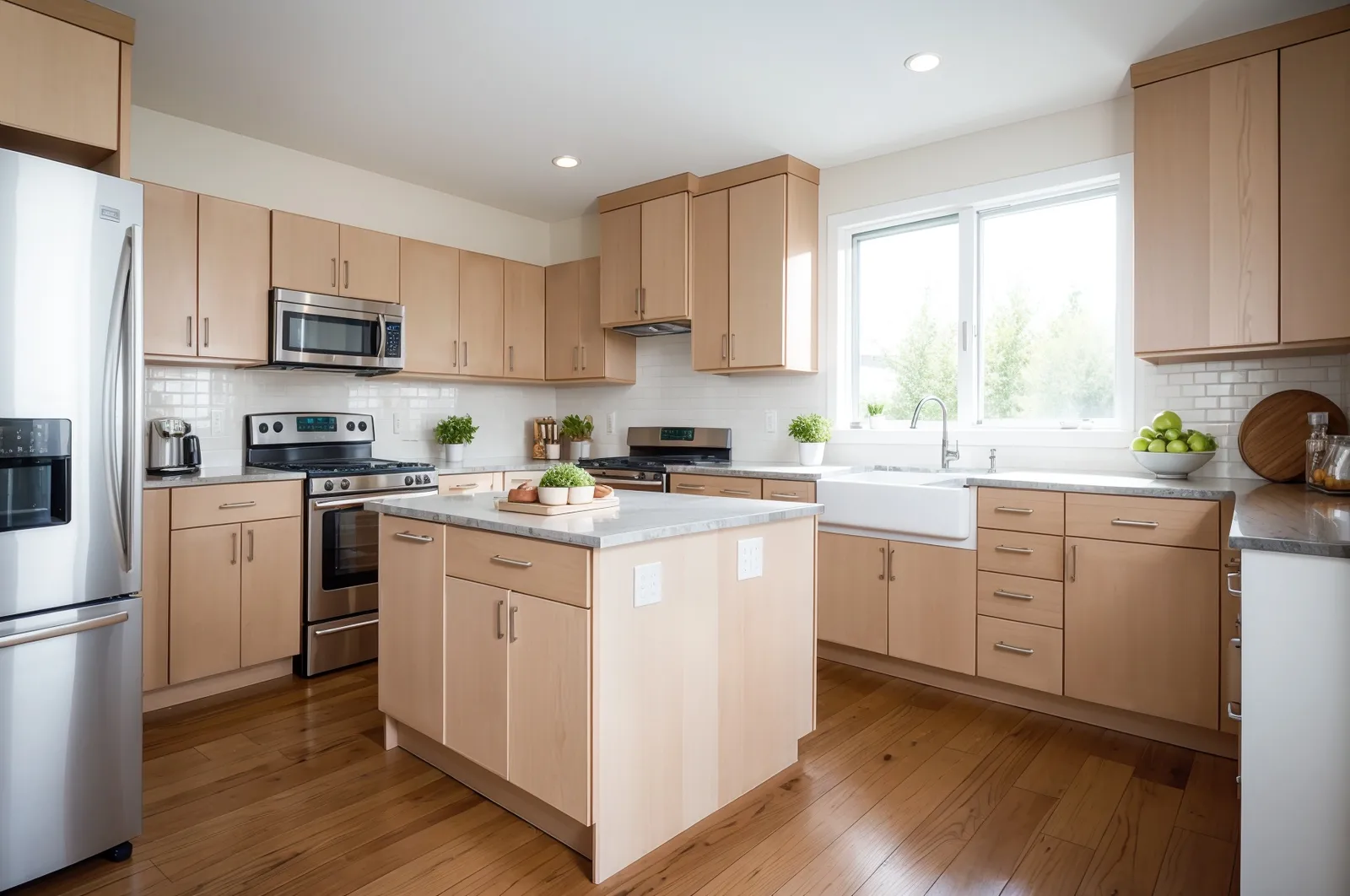 Kitchen with light wood cabinets and an island