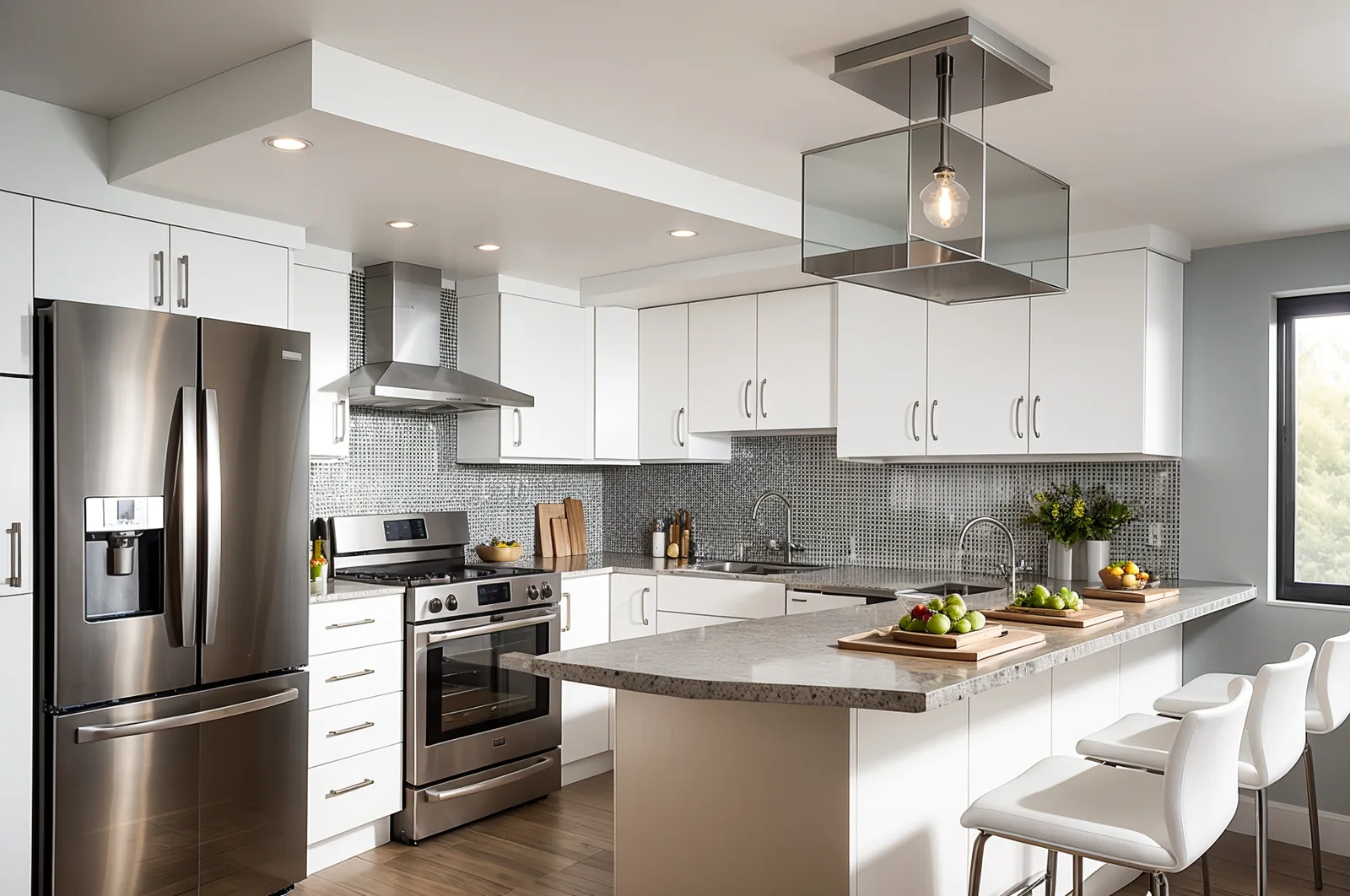 Kitchen with white cabinets and an island