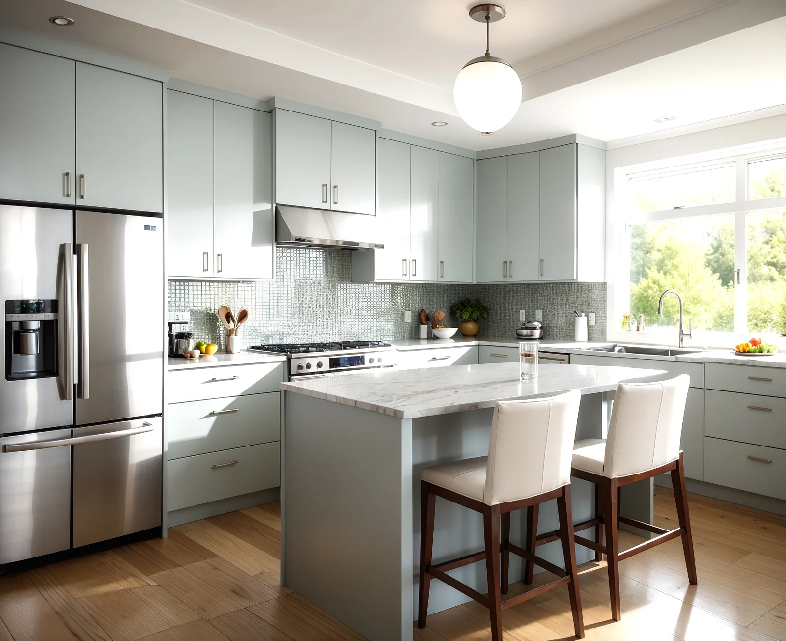 Kitchen with pale green-grey cabinets and an island