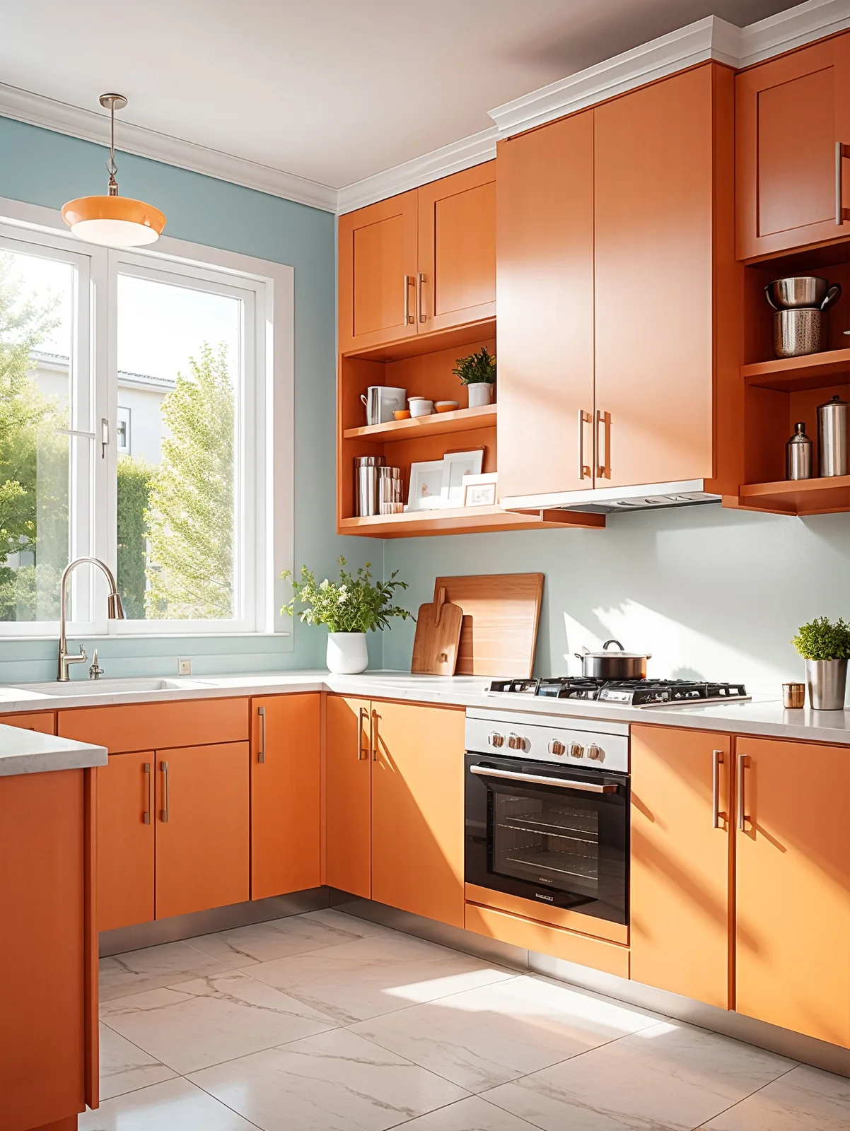 Kitchen with orange cabinets