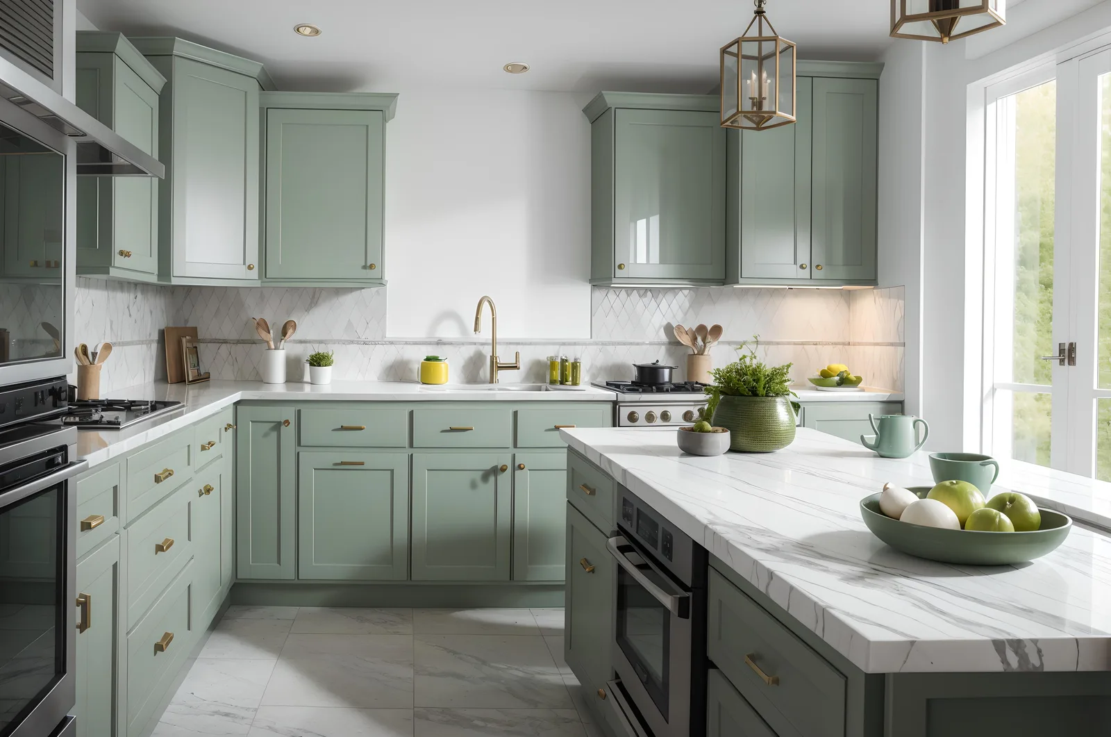 Kitchen with sage green cabinets