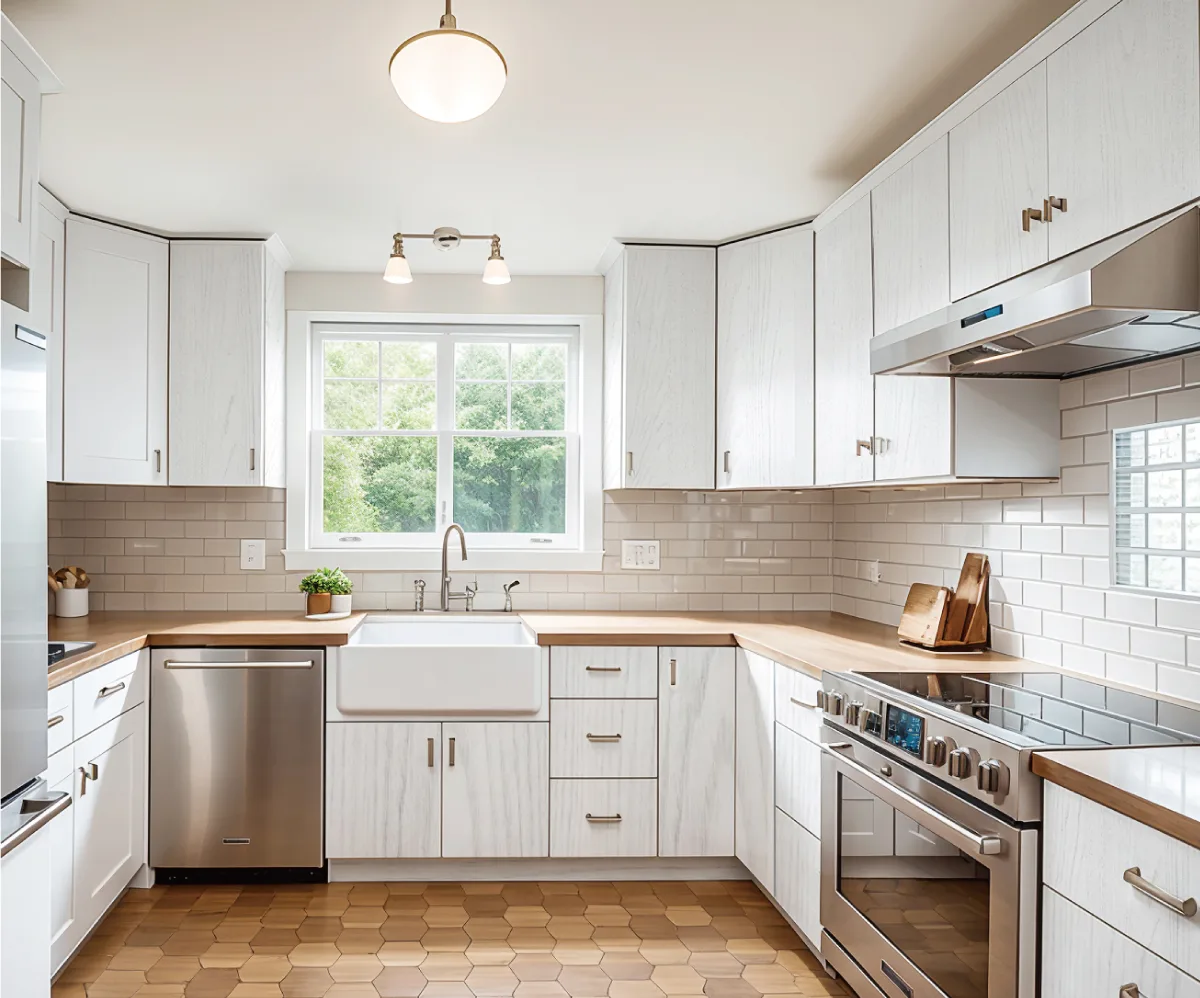 Kitchen with white woodgrain cabinets