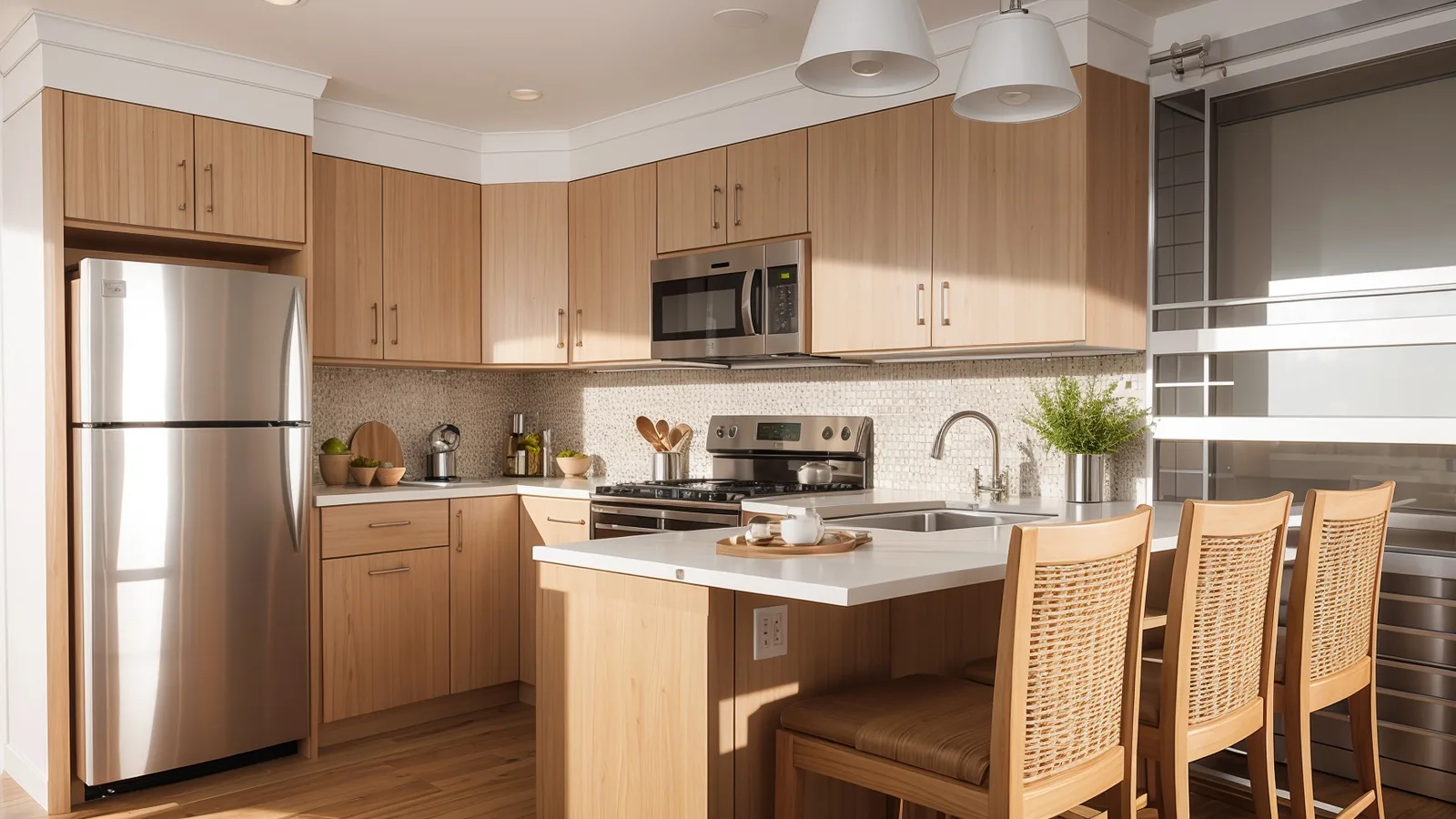 Kitchen with light wood cabinets and a peninsula