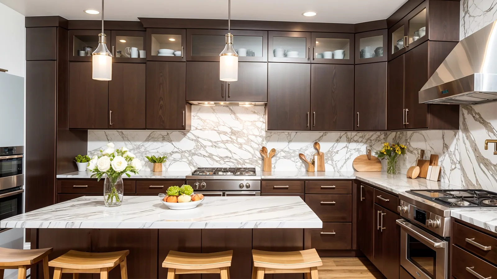 Kitchen with dark wood cabinets and an island